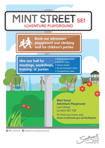 Mint Street Adventure Playground Book our adventure playground and climbing wall for children's parties  Hire our hall for meetings, workshops, training, or parties  Wheelchair access Kitchen area Dance studio Good transport links Competitive rates 
